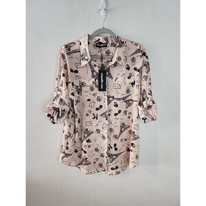 Karl Lagerfeld Women's Paris Top Pink Button-Up Long Sleeve Love Print Size L